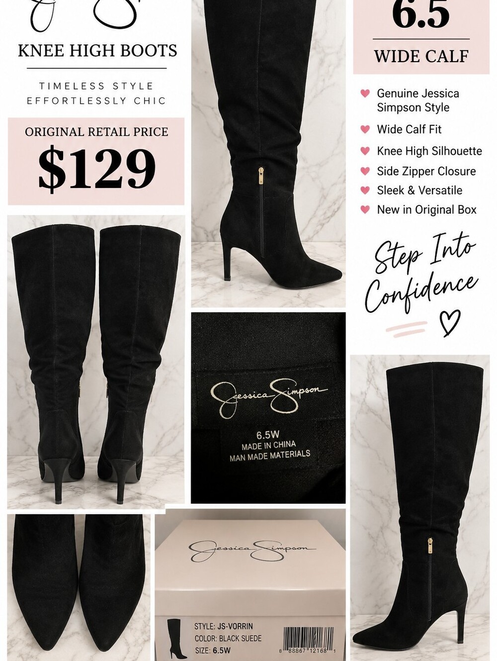 NIB Jessica Simpson Black Knee-High Suede Stiletto Boots Wide Calf